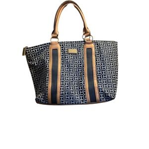 Tommy Hilfiger Tote Bag Signature Monogram‎ Canvas Leather Trim Tan